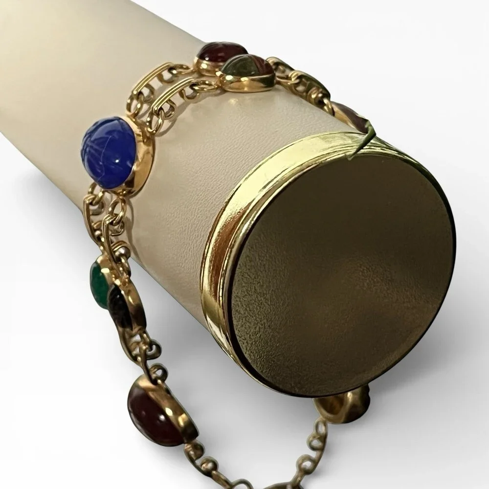 Vintage Carla 14k Yellow Gold Two Strands Multi Gemstone 10 Scarab Bracelet 7